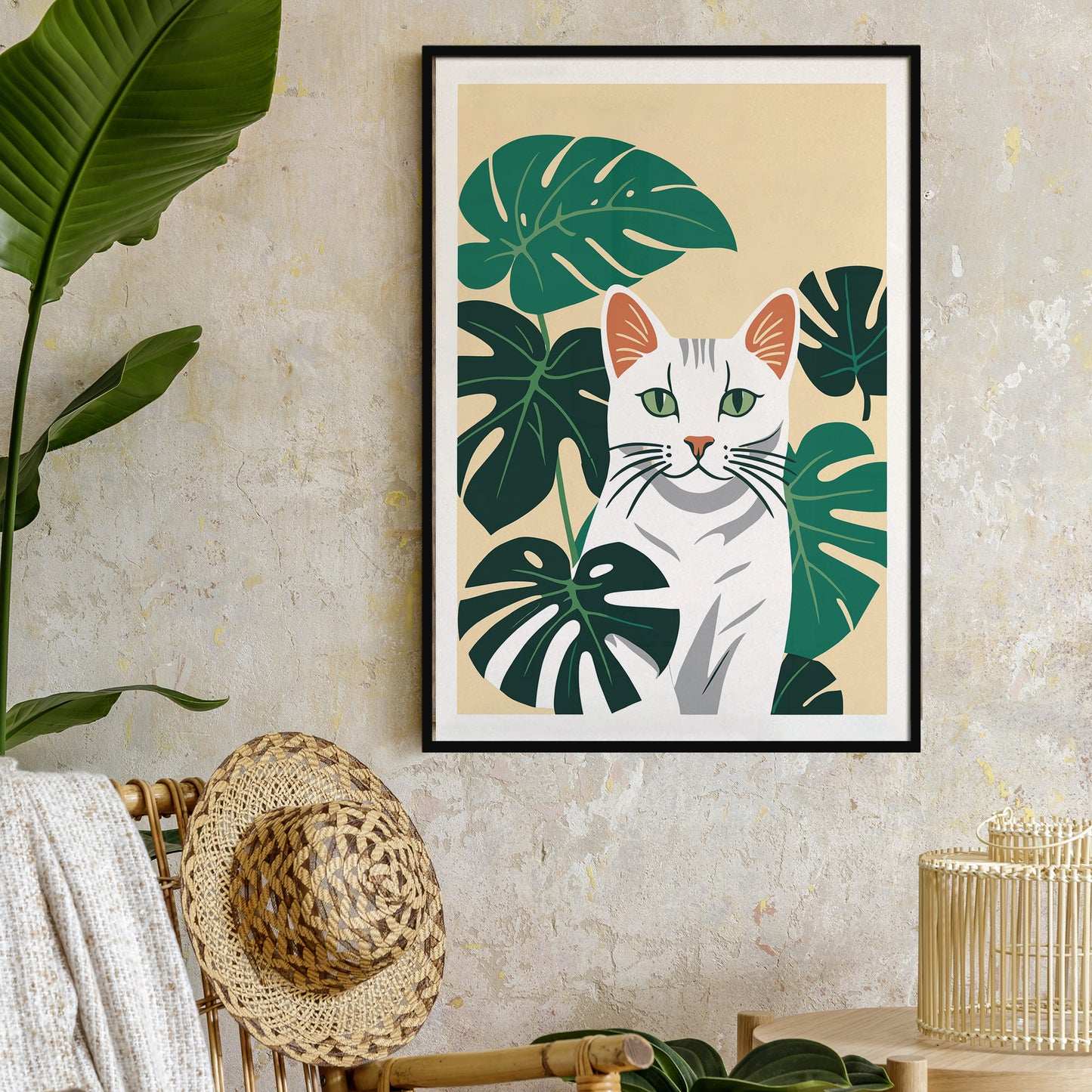Cat and Leaves Art Print