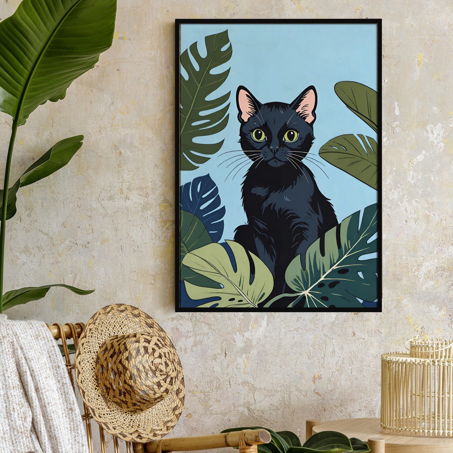 Cute Cat and Monstera Leaves Print