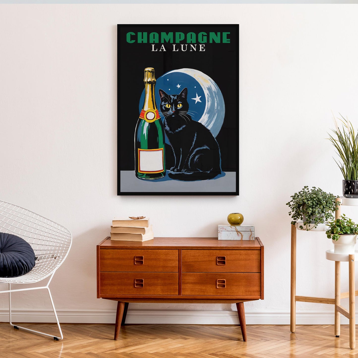 Champagne La Lune Black Cat Art Print