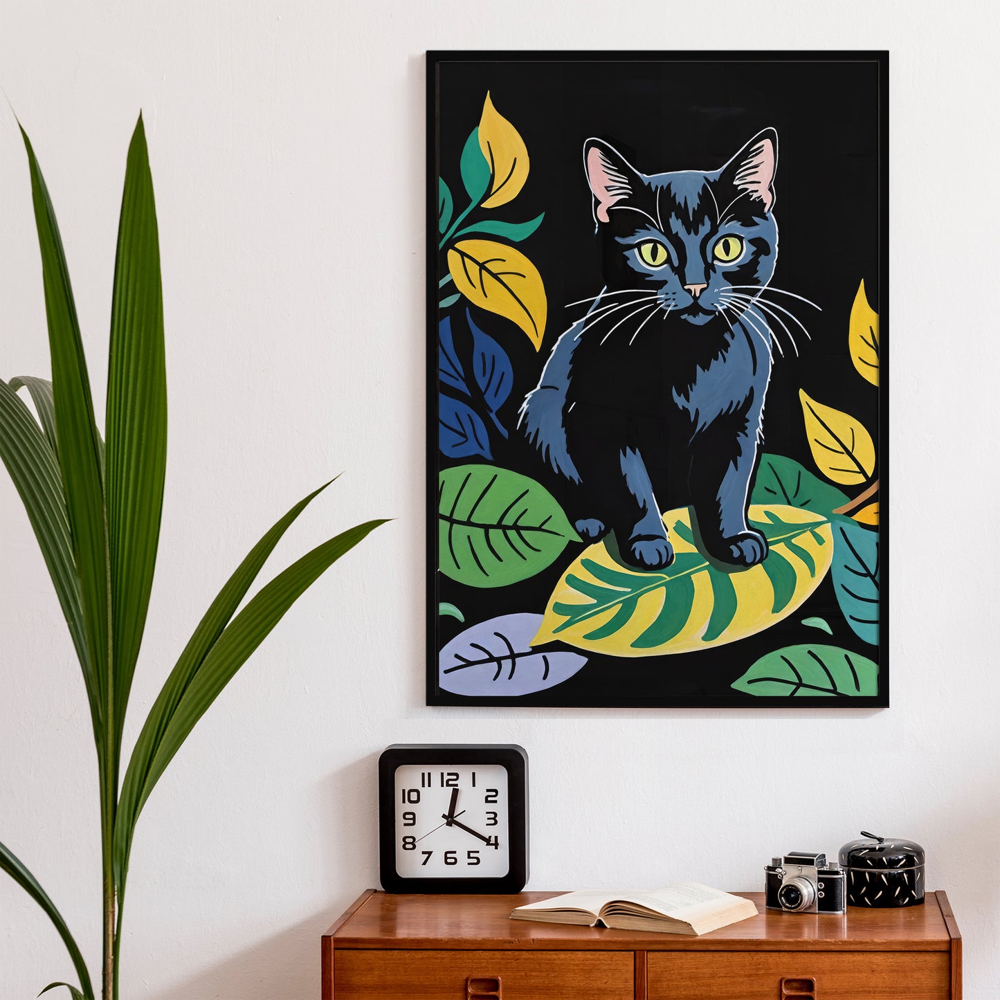 Black Cat in Leaves Wall Art Print