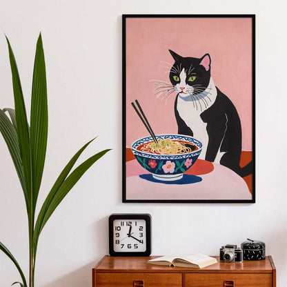 Pink Ramen Print With Black And White Cat