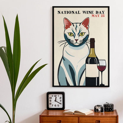 National Wine Day Vintage Cat Poster