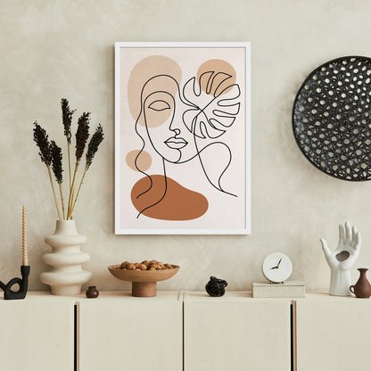 Line Art Woman Face and Monstera Leaf Poster