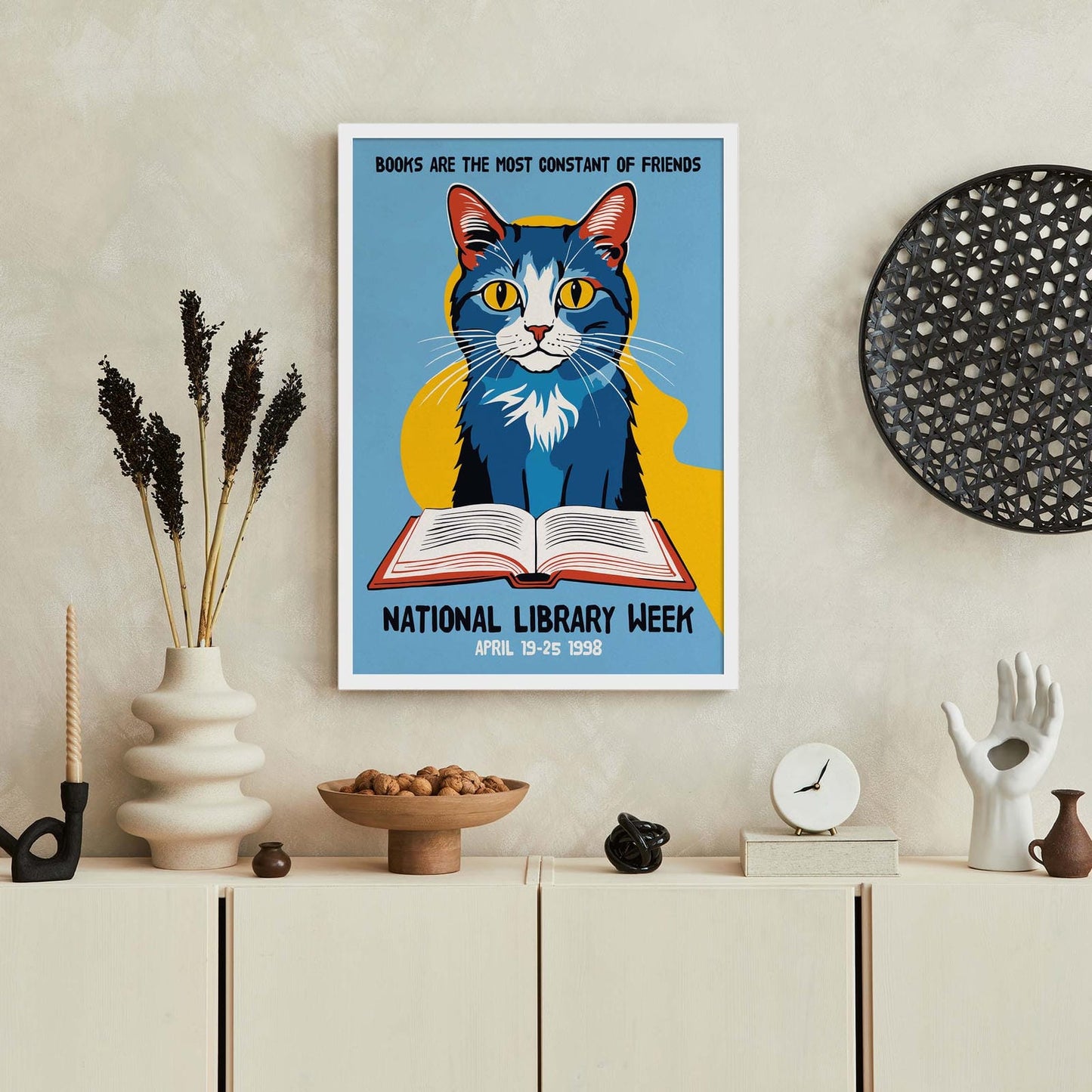 Reading Cat Library Poster 1998 Print