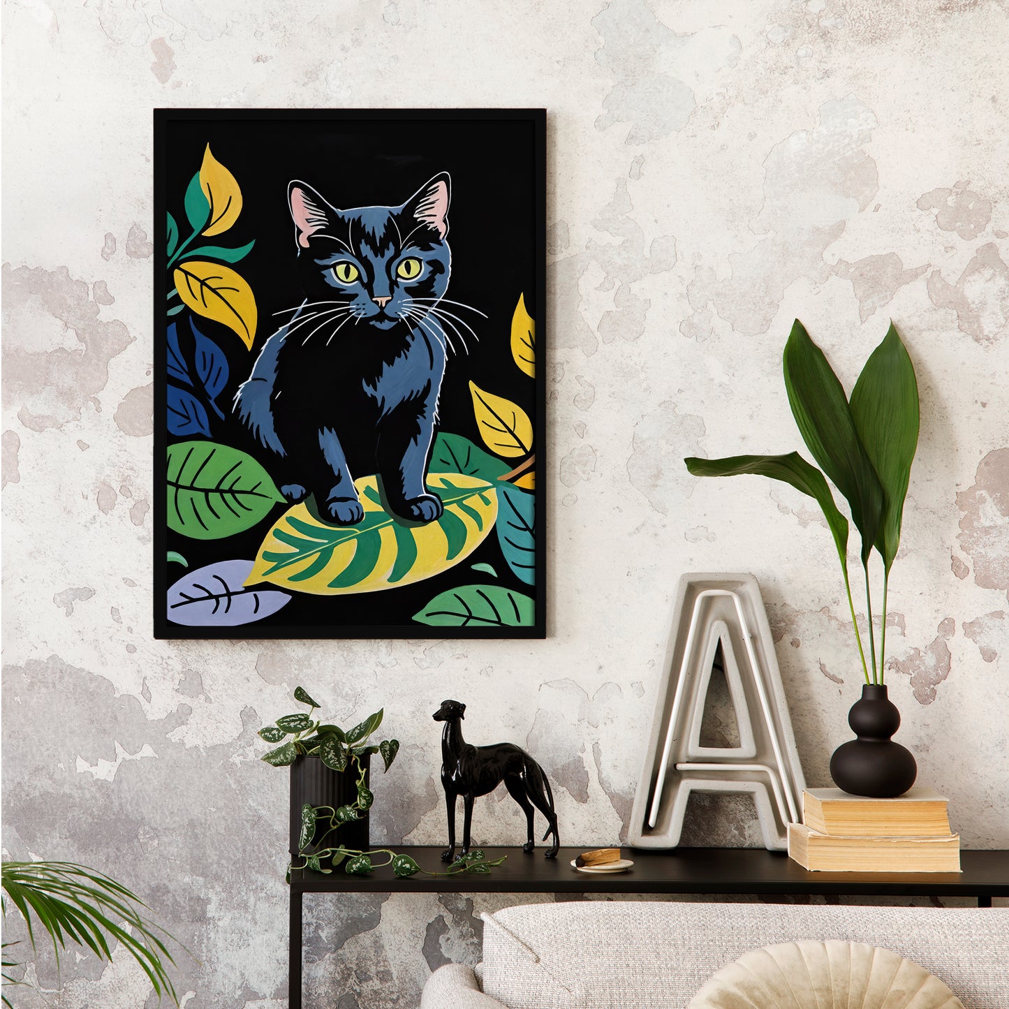 Black Cat in Leaves Wall Art Print