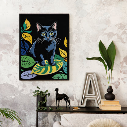 Black Cat in Leaves Wall Art Print