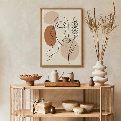 Neutral Boho Woman Face Line Art Print