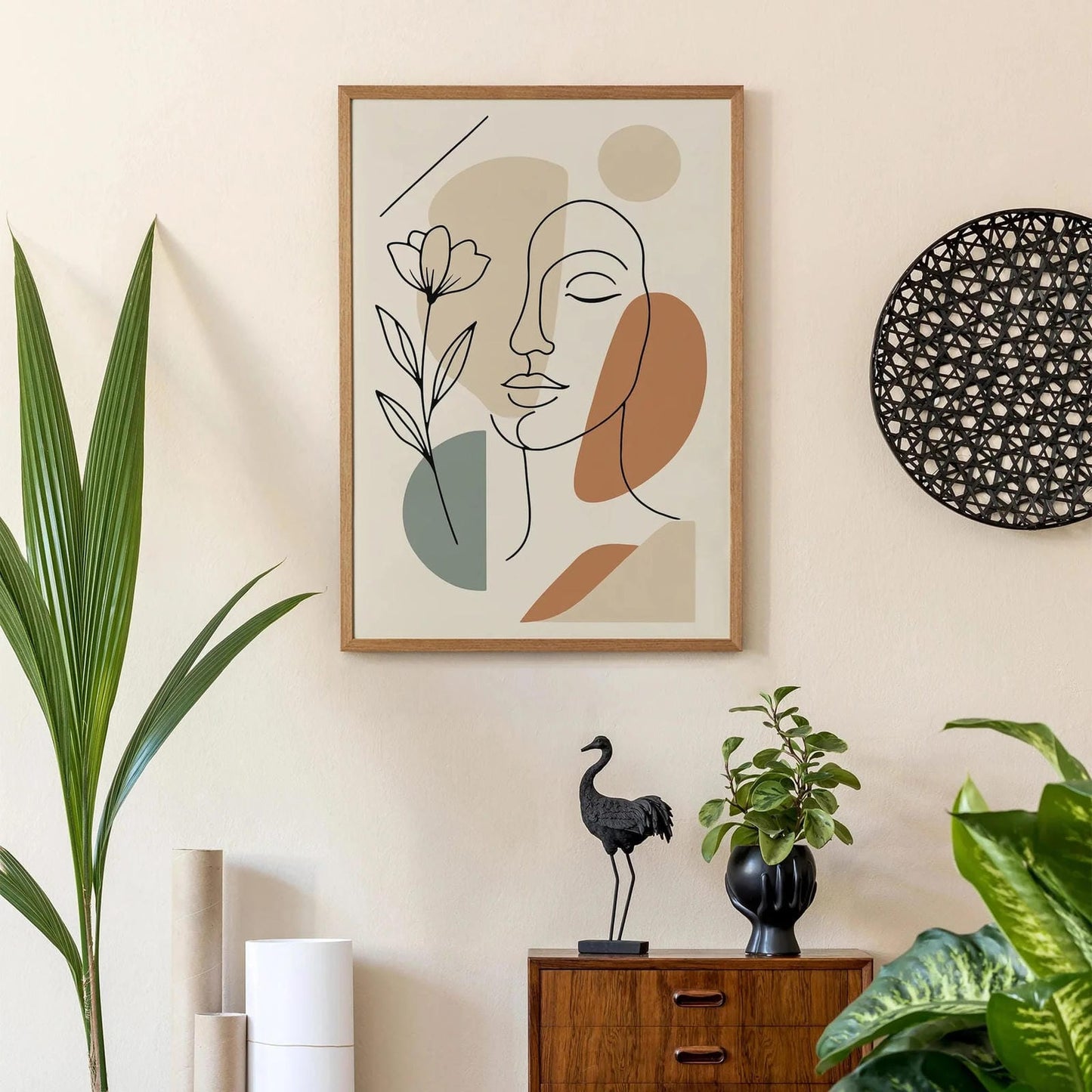 Line Art Woman Face with Geometric Shapes – Aesthetic Wall Print