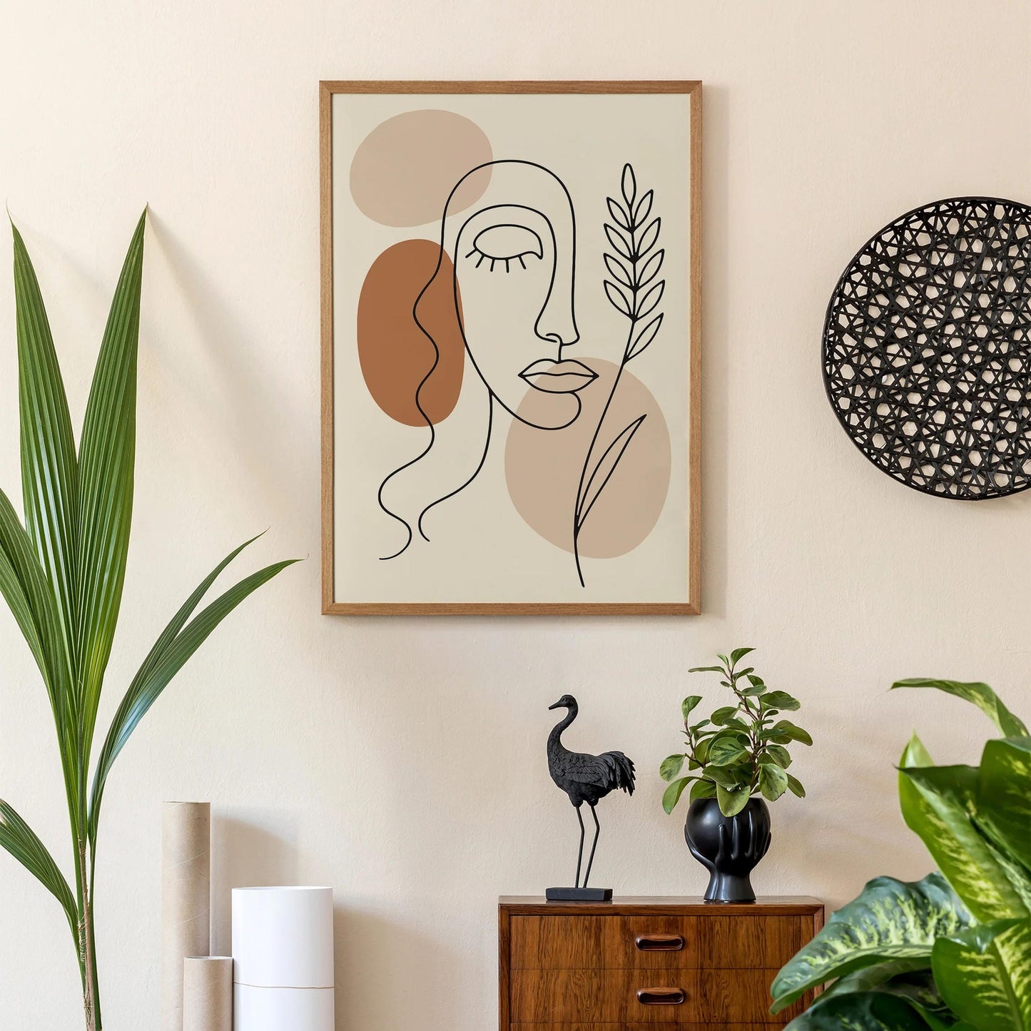 Neutral Boho Woman Face Line Art Print