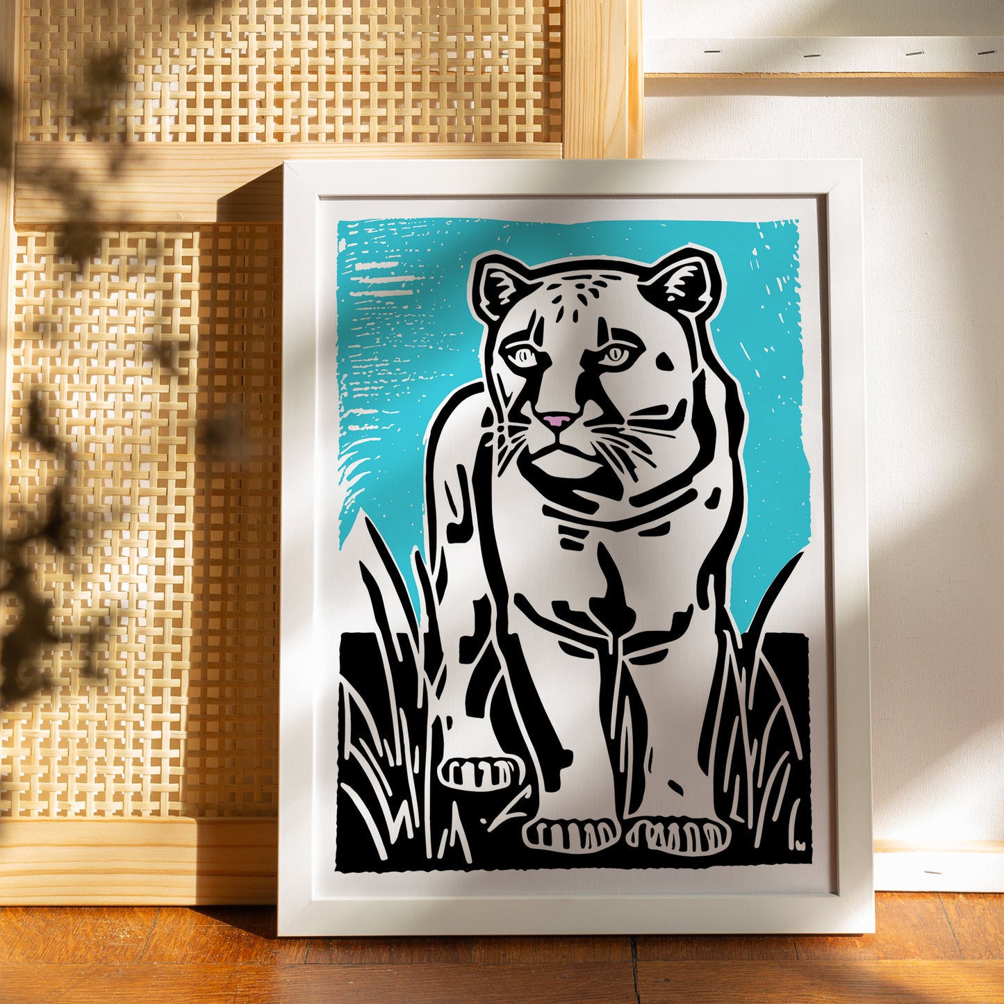 White Panther Linocut Art Poster