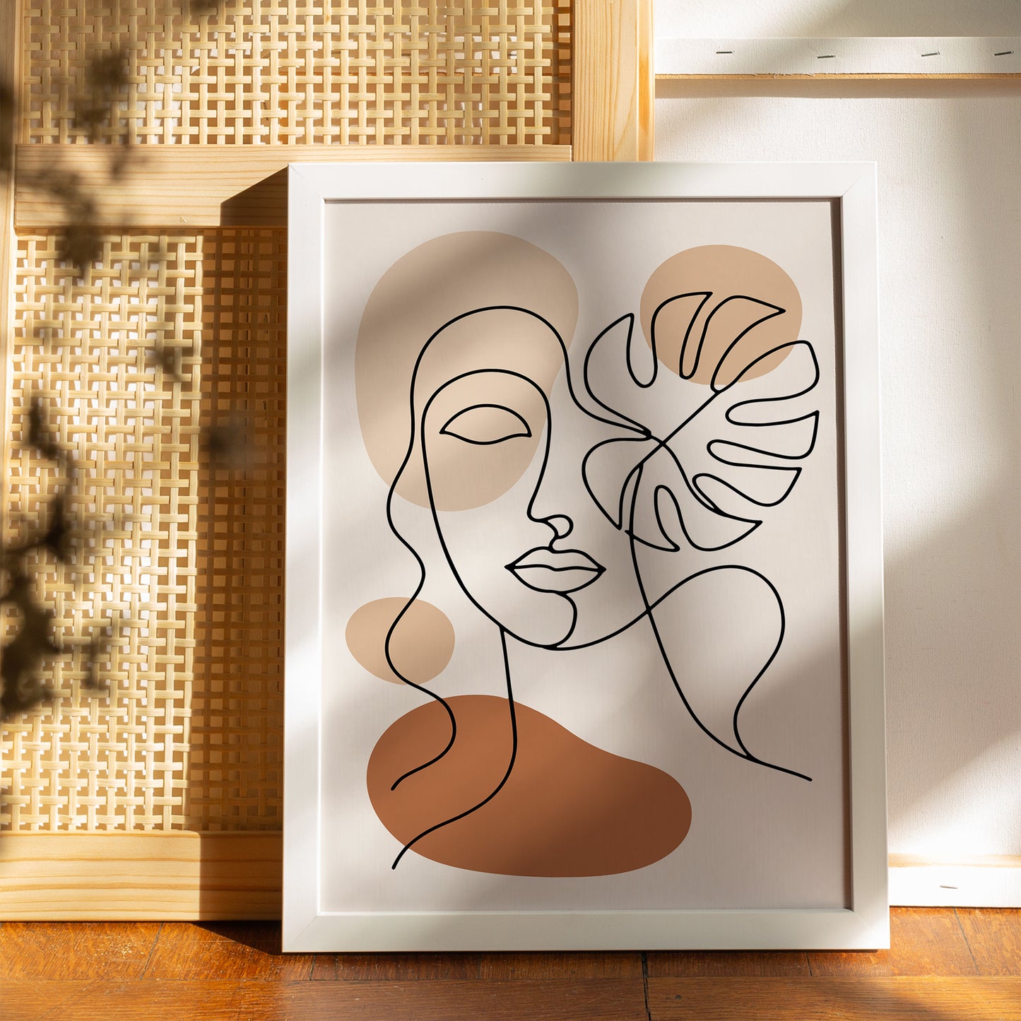 Line Art Woman Face and Monstera Leaf Poster
