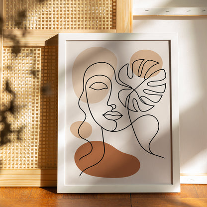 Line Art Woman Face and Monstera Leaf Poster