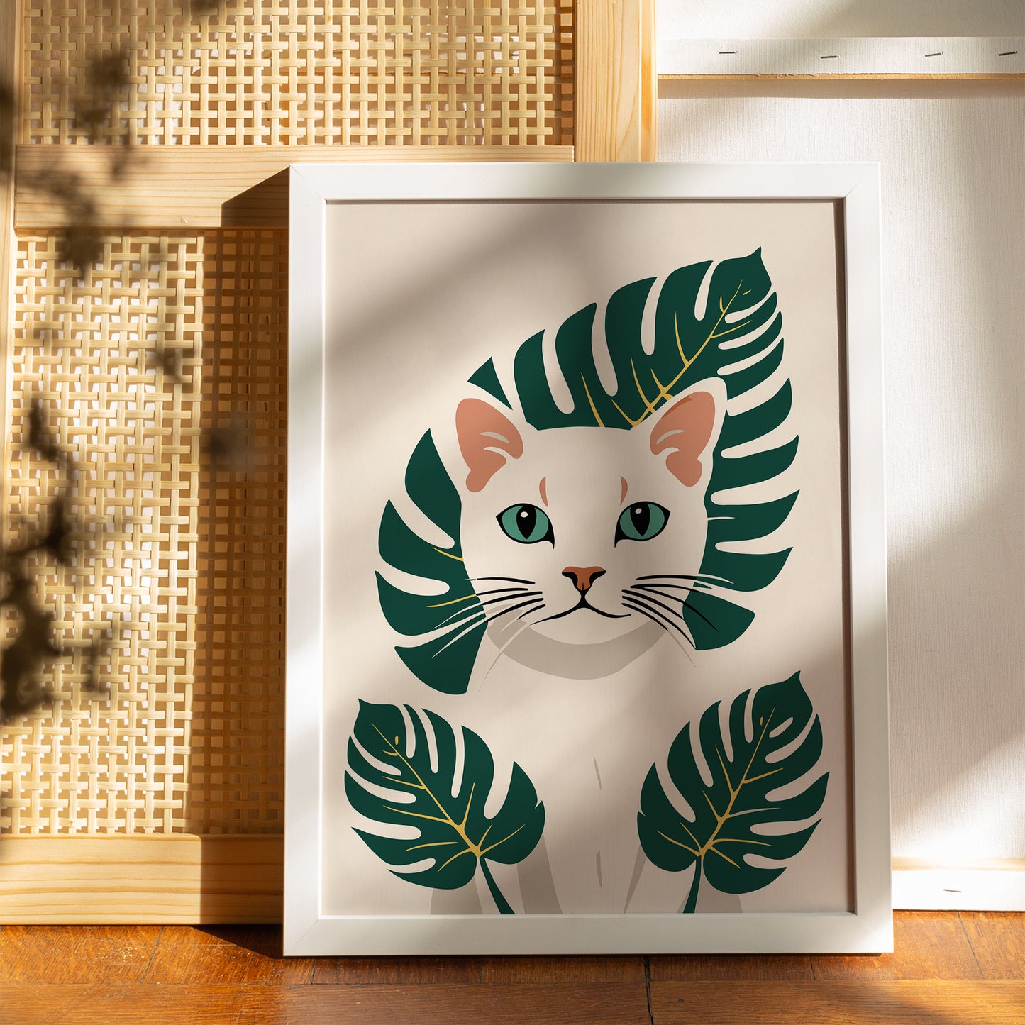 White Kitten - Monstera Leaves Art Print