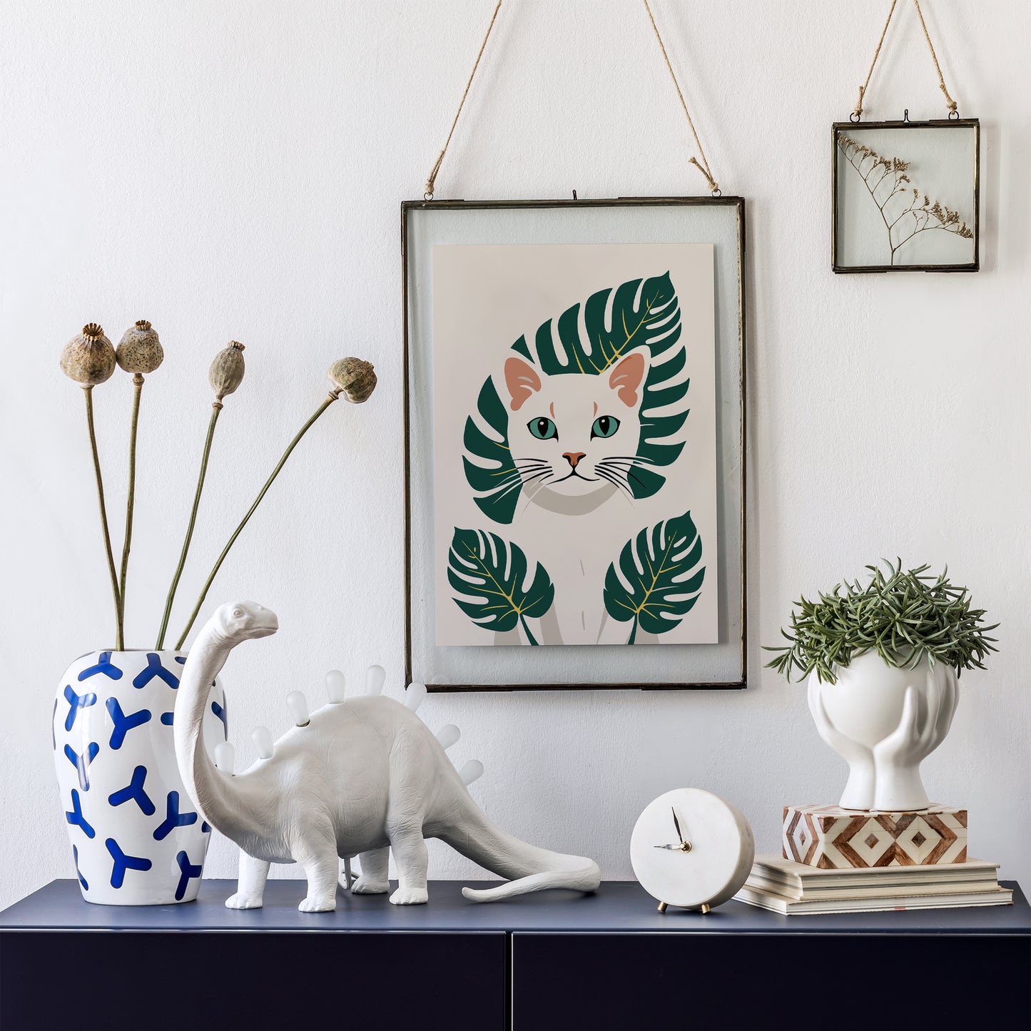 White Kitten - Monstera Leaves Art Print