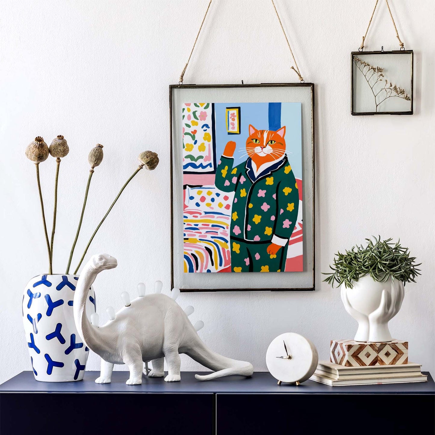 Floral Pajama Cat Wall Art Print