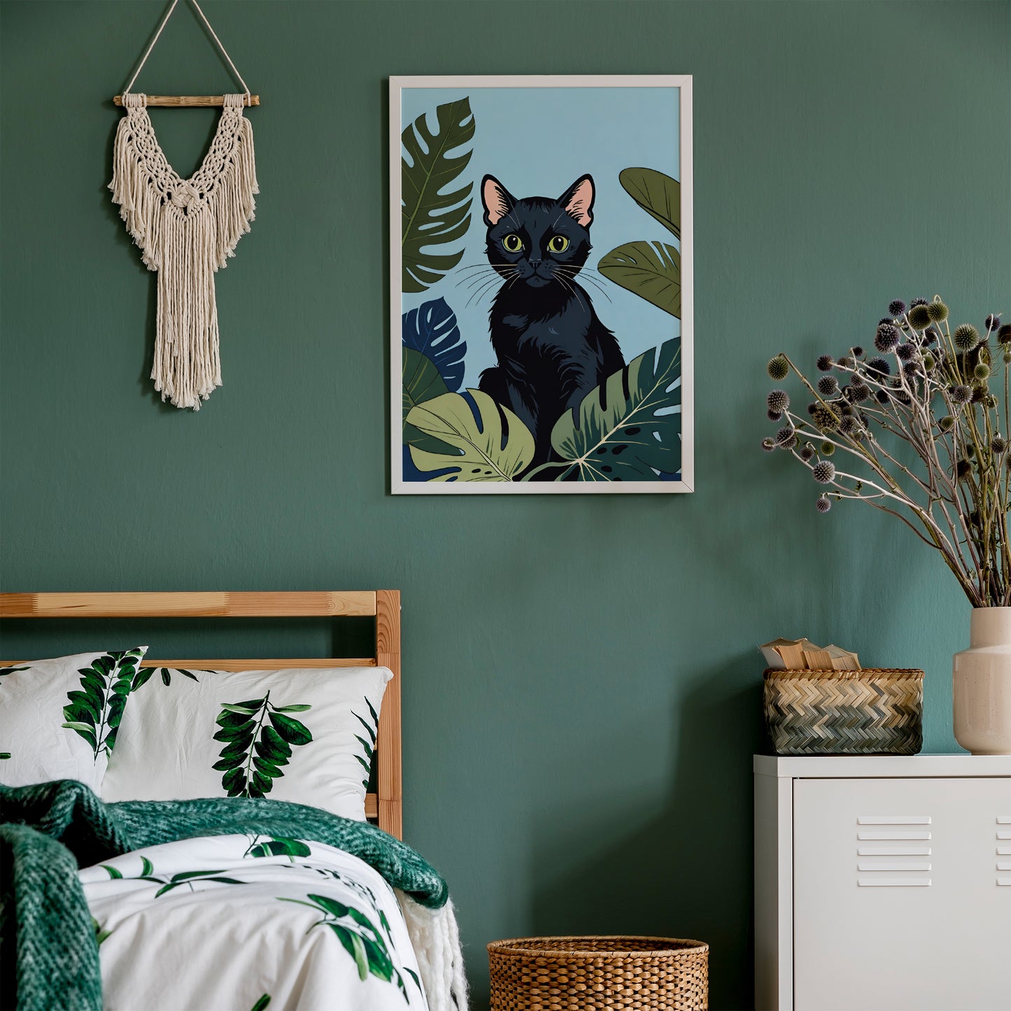Cute Cat and Monstera Leaves Print