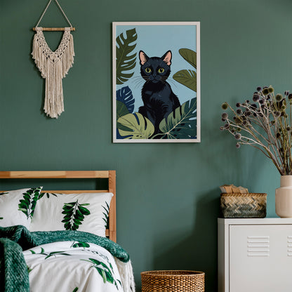 Cute Cat and Monstera Leaves Print