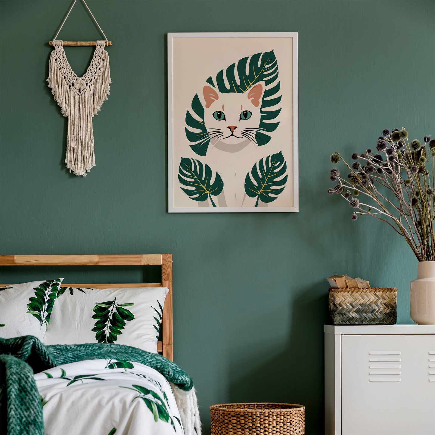 White Kitten - Monstera Leaves Art Print