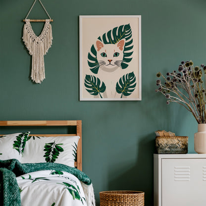 White Kitten - Monstera Leaves Art Print