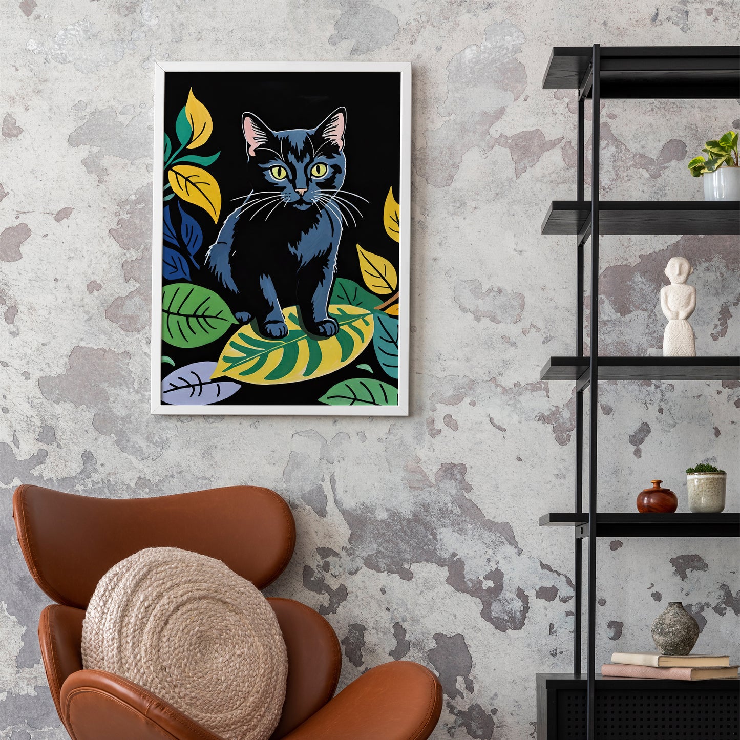 Black Cat in Leaves Wall Art Print
