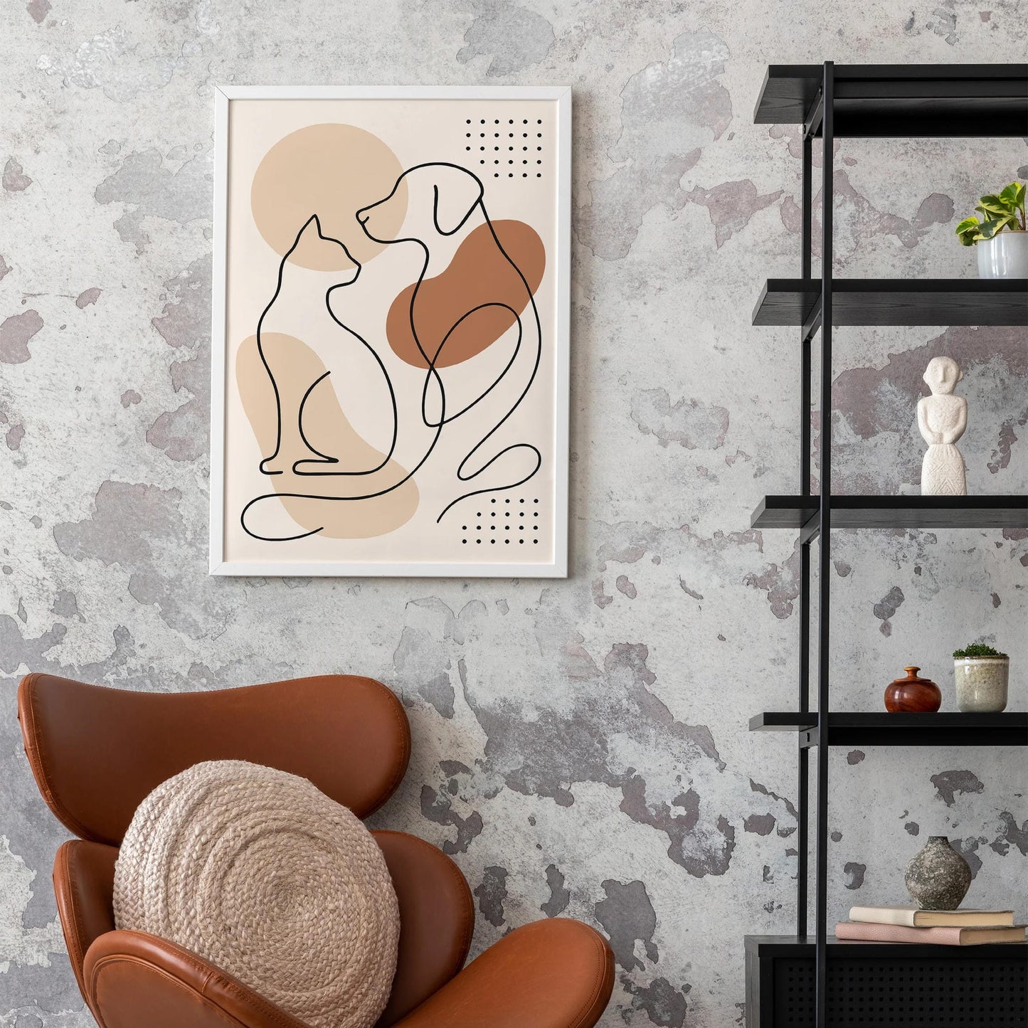 Pet Line Art Print – Cat and Dog Friendship Wall Decor