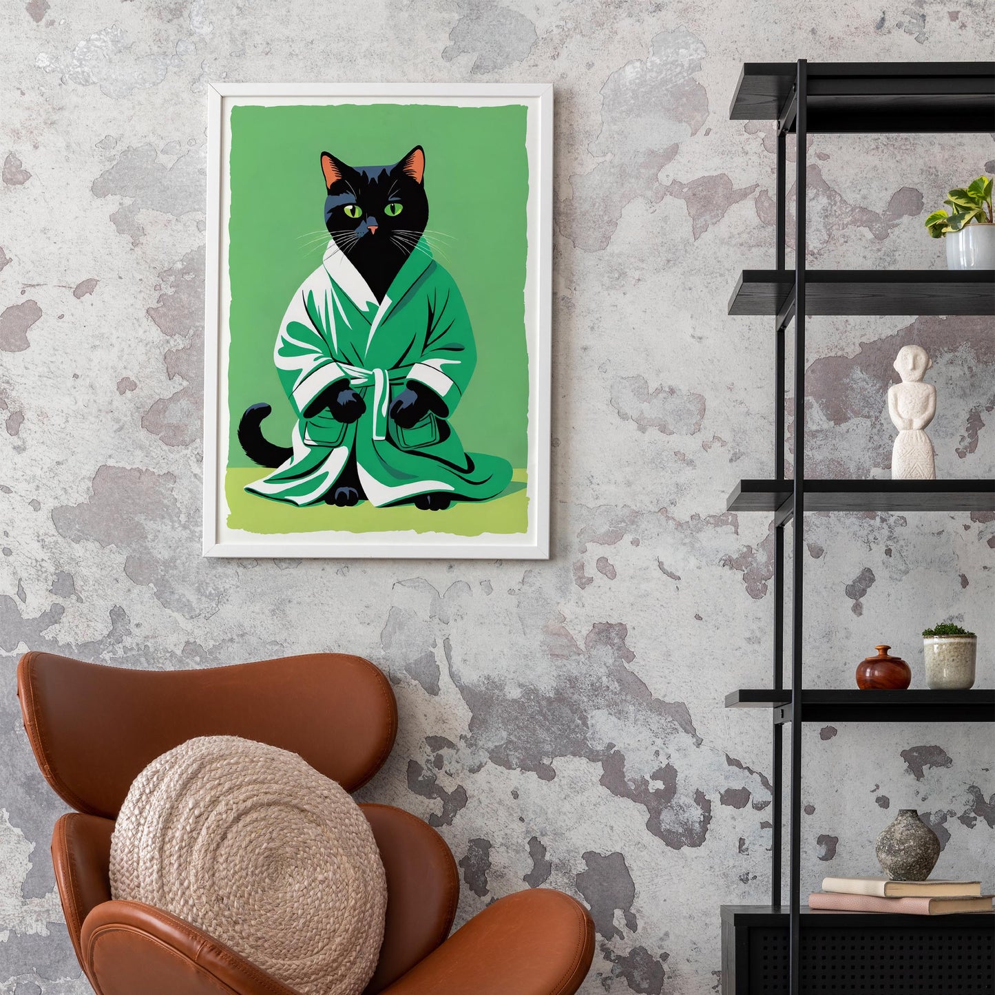 Green Robed Black Cat Art Print