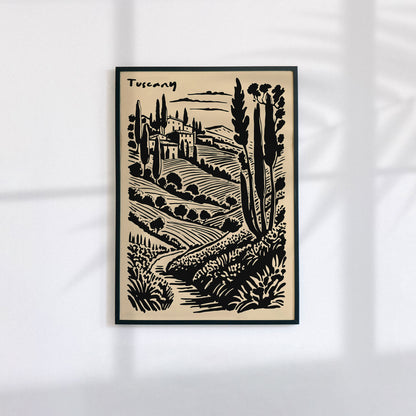Tuscany Scenic Black Ink Style Print