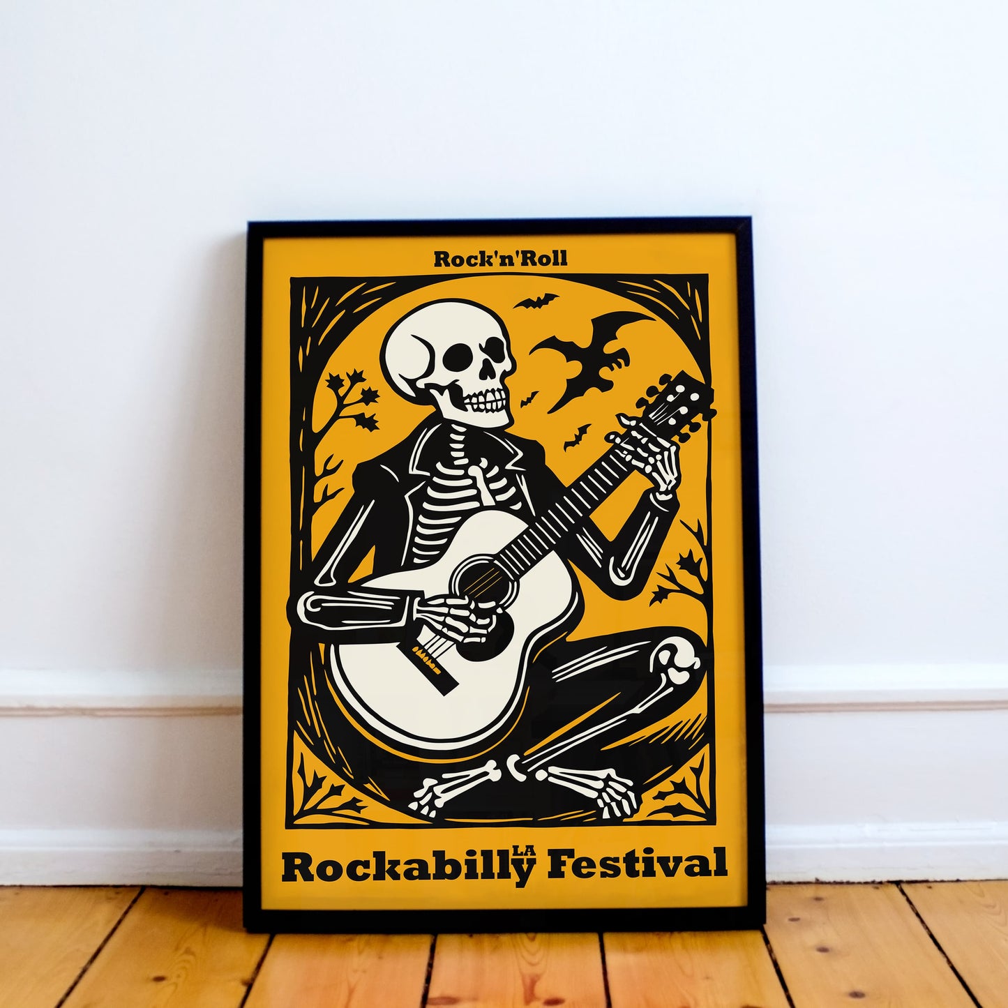 Yellow Skeleton Playing Guitar Rockabilly Music Poster
