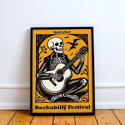 Yellow Skeleton Playing Guitar Rockabilly Music Poster