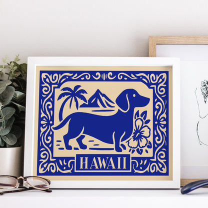 Dachshund Dog on Hawaii Poster - Blue Travel Print