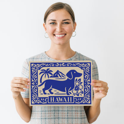 Dachshund Dog on Hawaii Poster - Blue Travel Print
