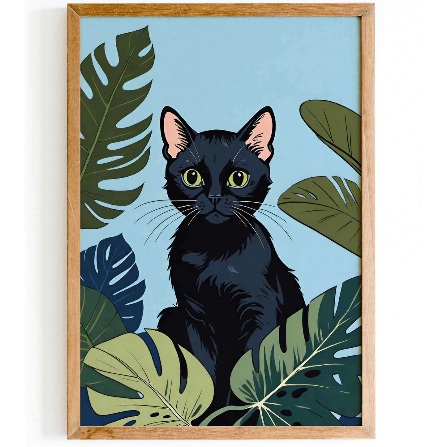 Cute Cat and Monstera Leaves Print