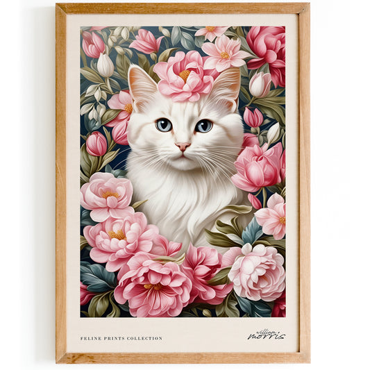 Cat in Pink Flowers Cute Art Print