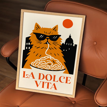 La Dolce Vita Poster - Funny Cat Eating Spaghetti Wall Art Print