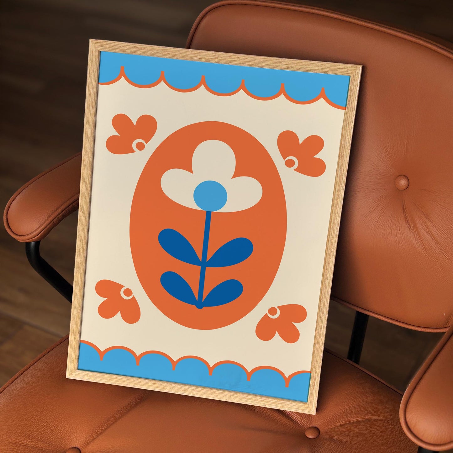 Folk Flower Poster - Blue and Orange Floral Print
