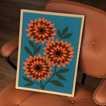 Retro Dahlia Flowers Poster, Colorful Nature Wall Art Print