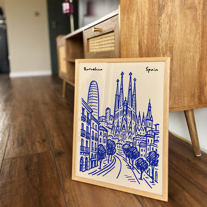 Barcelona Spain Blue Cityscape Travel Poster