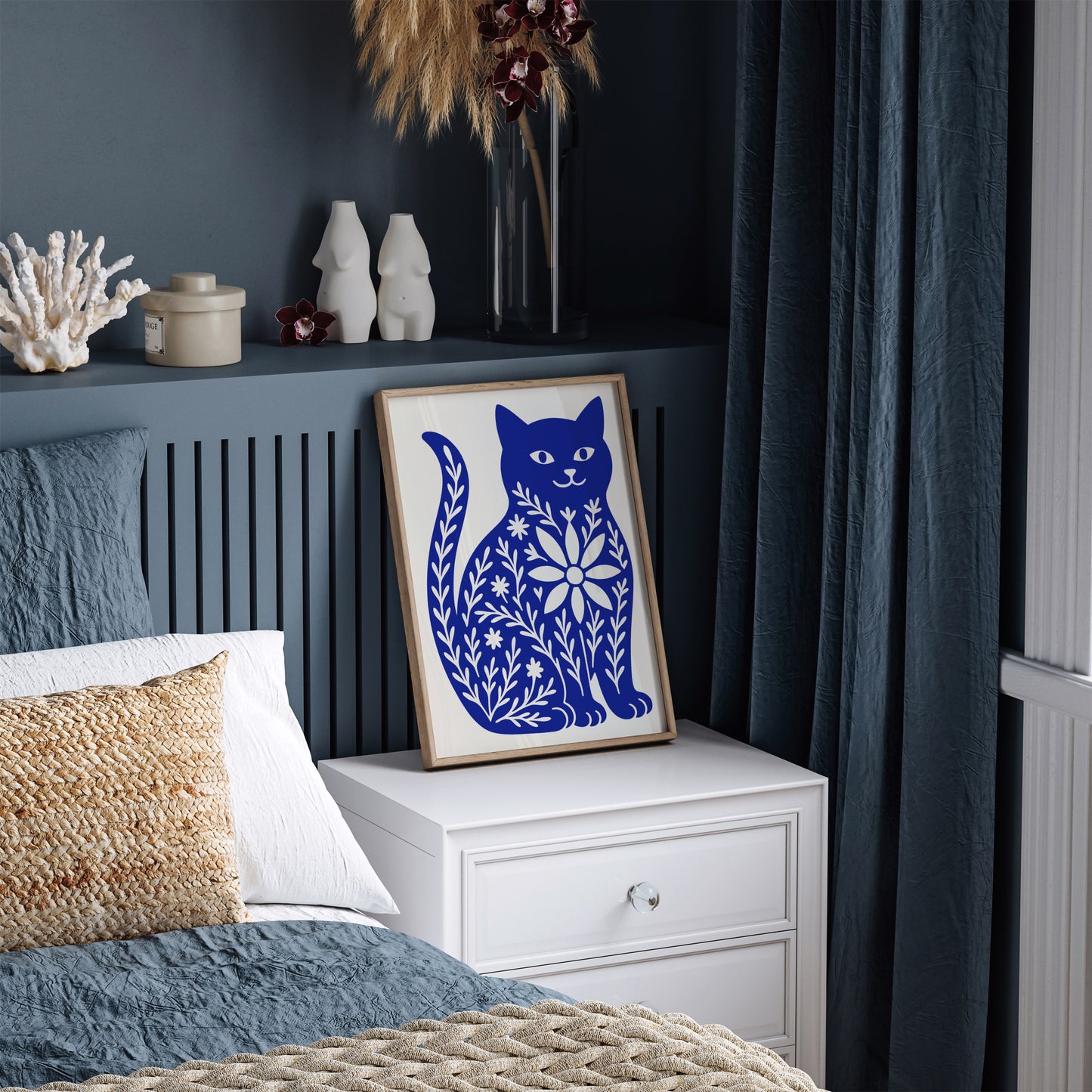 Cute Blue Cat with Floral Pattern Poster