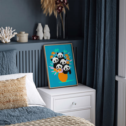 Funny Panda Flowers Kids Room Decor Print