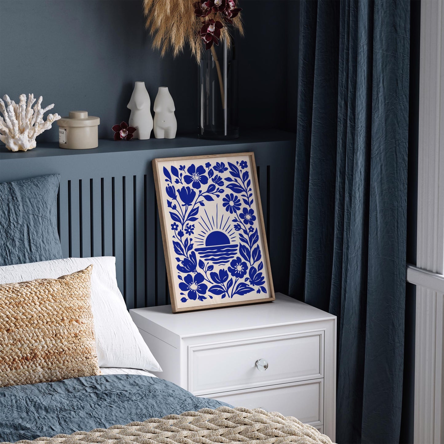 Blue Sunset & Flowers Poster – Botanical Nature Wall Art Print