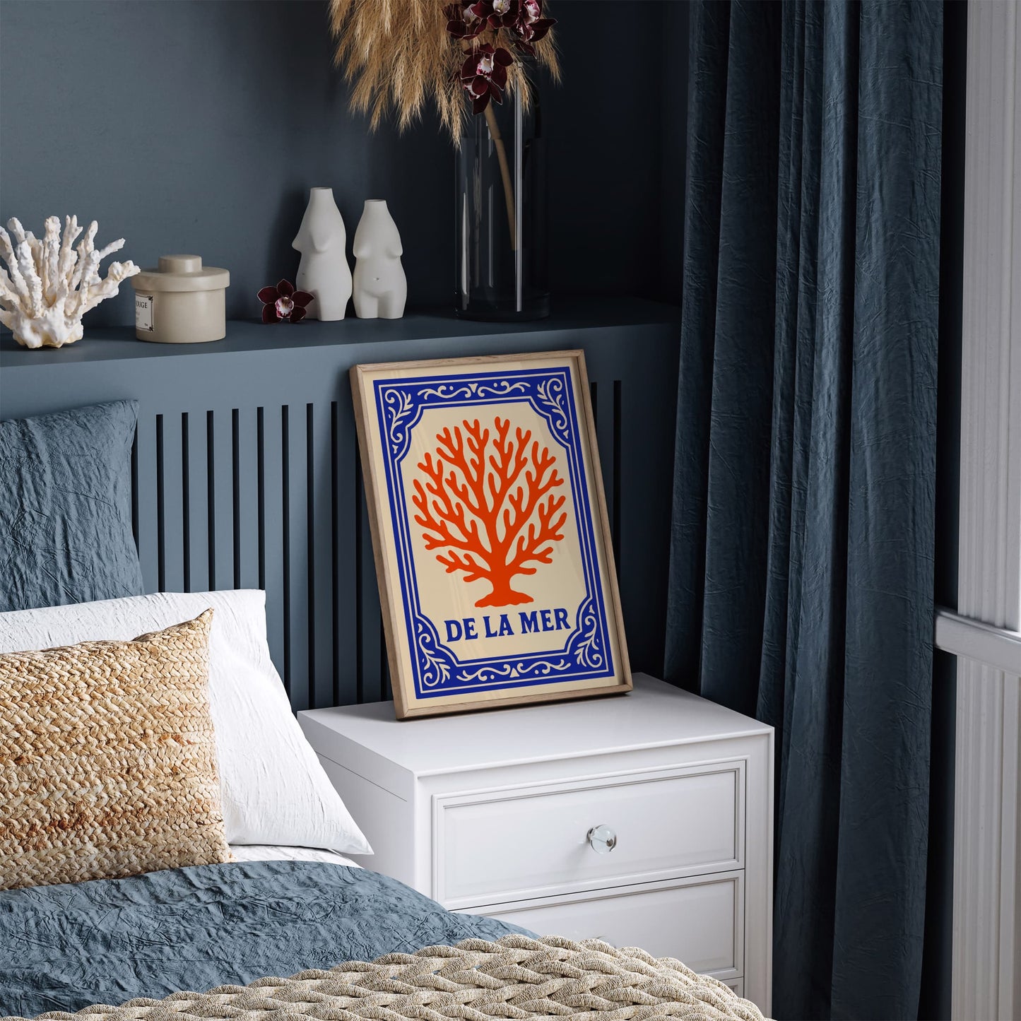 De La Mer Poster - Blue & Coral Orange Nautical Art Print