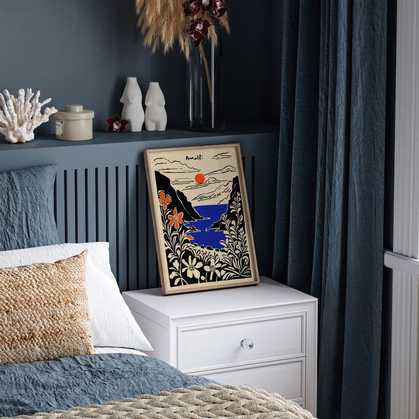 Amalfi Black Ink Style Landscape Art Print