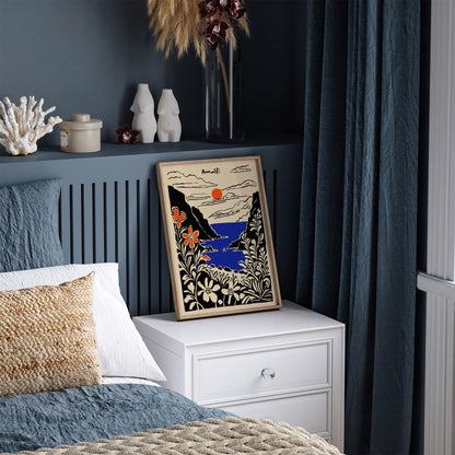 Amalfi Black Ink Style Landscape Art Print