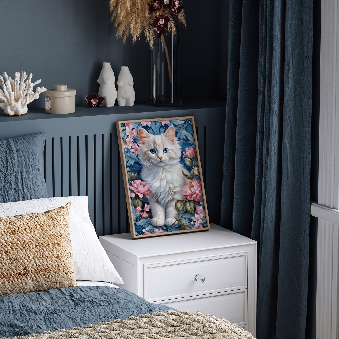 Cute White Cat in Blue Flowers Poster