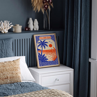 Florida Retro Travel Poster - Vintage Beach Palm Tree Wall Art