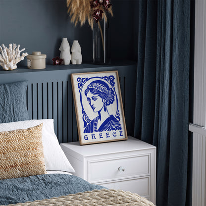 Blue Greece Woman Portrait Print