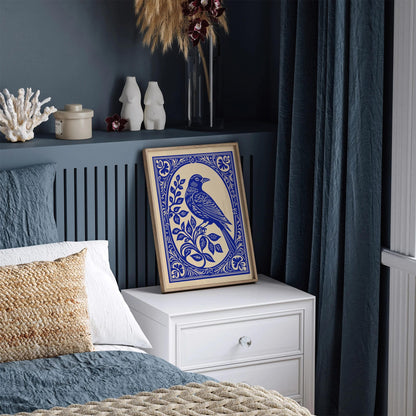 Blue Indigo Bird in Rococo Floral Frame Poster