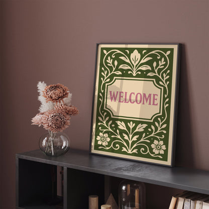 Green Welcome Sign Art Print in Floral Botanical Rococo Style