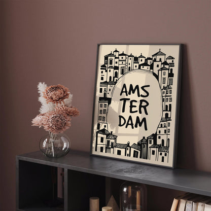 Amsterdam Black Ink Style Architecture Art Print