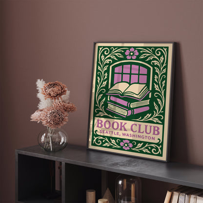 Book Club Seattle Poster - Floral Wall Art for Book Lovers